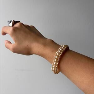VTG Three Strand Faux Pearl Bracelet Gold Tone Clasp Statement Bridal Jewelry